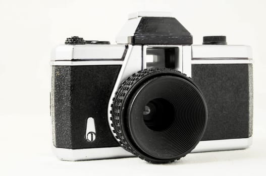 Classic 35mm Plastic Toy Photo Camera on a White Background