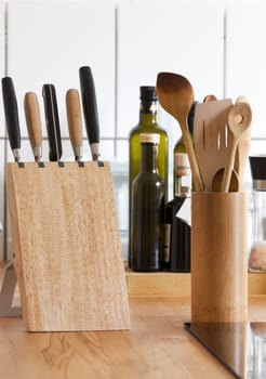 Kitchen with kitchen utensils on work board