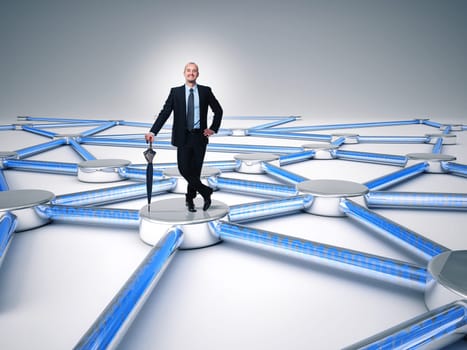 smiling man on 3d abstract connection web