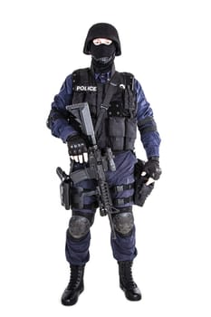 Special weapons and tactics (SWAT) team officer with his gun