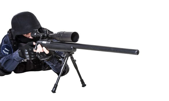 Special weapons and tactics (SWAT) team officer with sniper rifle