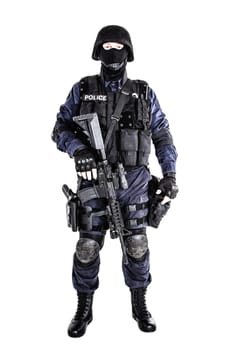 Special weapons and tactics (SWAT) team officer with his gun