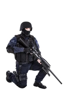 Special weapons and tactics (SWAT) team officer with sniper rifle