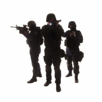 Silhouettes of special weapons and tactics (SWAT) team in action
