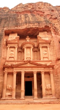 The treasury at Petra, Lost rock city of Jordan. Petra's temples, tombs, theaters and other buildings are scattered over 400 square miles. UNESCO world heritage site