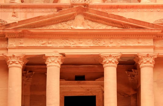 The treasury at Petra, Lost rock city of Jordan. Petra's temples, tombs, theaters and other buildings are scattered over 400 square miles. UNESCO world heritage site