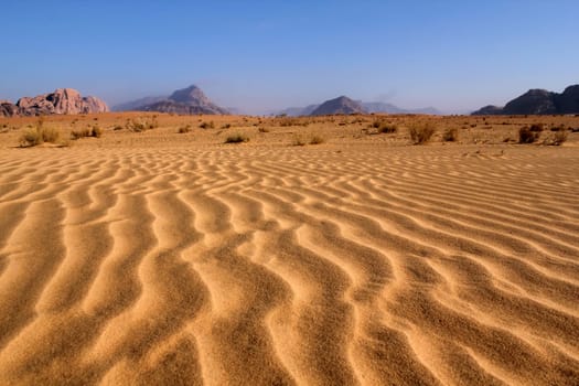 Sand pattern and beautiful landscape of the wadi rum desert in Jordan