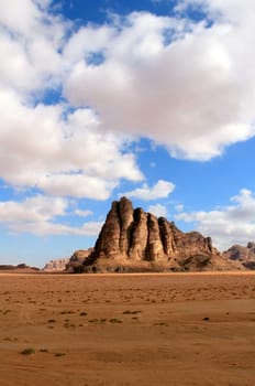 The "Seven Pillars of Wisdom"" rock formation, Wadi Rum Desert beautiful landscape. Jordan."