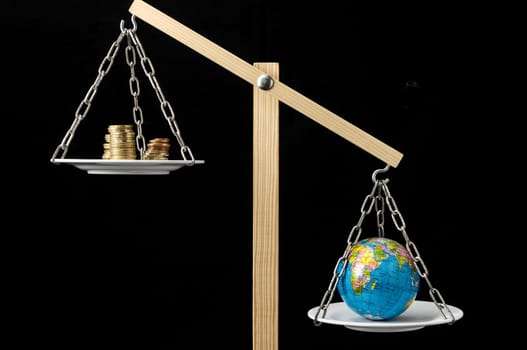 Globe Planet Earth and Money on a Two Pan Balance