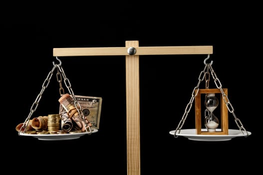 Time is Money Concept Clock and Currency on a Two Pan Balance