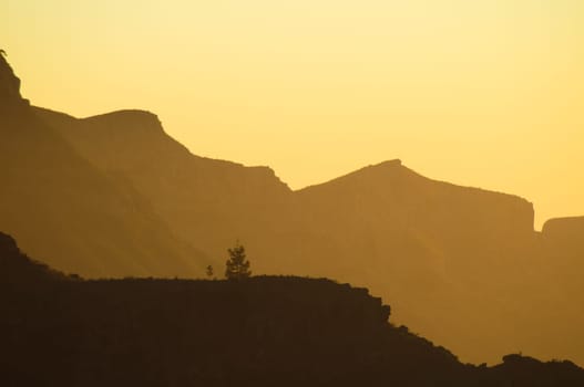 Backlight Silhouette Sunset over the Mountains in Canary Islands Tenerife