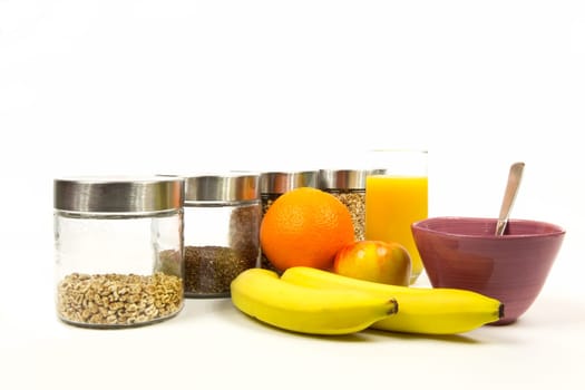 Individual muesli ingredients in pubs,fruit and orange juice
