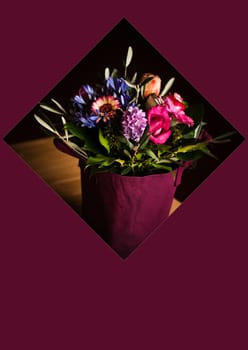 Card concept shopping bag with flowers, square window on purple background with copy space
