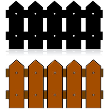 Cartoon illustration of a picket fence, in color and in black and white