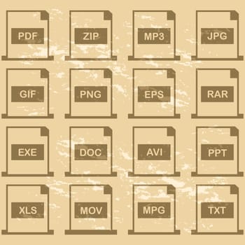 Icon set showing different computer file extensions in retro style