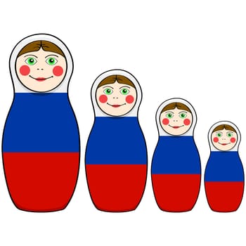 Cartoon illustration showing russian dolls in different sizes painted with the colors of the Russian flag
