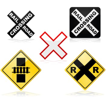Icon set showing different traffic signs for a railroad crossing
