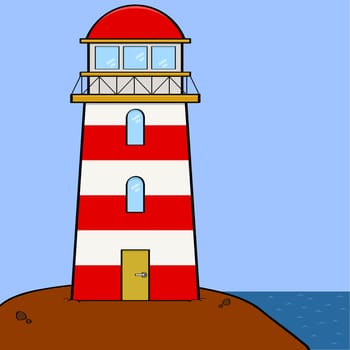 Cartoon illustration showing a lighthouse sitting on a cliff near the sea
