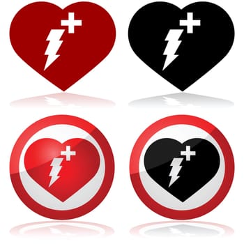 Defibrillator icon set showing a heart with a lightning and a cross inside it