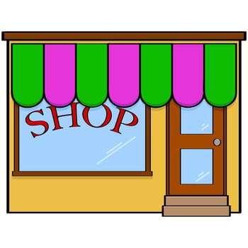 Cartoon illustration showing a simple, classic looking storefront