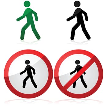 Icon illustration showing a man walking as well as a walking allowed and prohibited signs