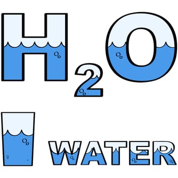 Concept illustration showing a glass of water and the words water and H2O half-filled with liquid