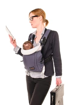 Adult businesswoman woman wears shirt and jacket and has an infant in a baby carrier while reading an email on her tablet PC,cropped against a white background.