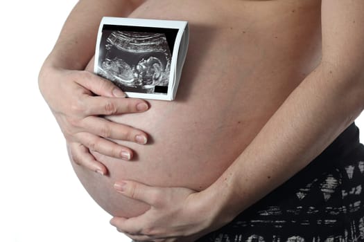 Details of a belly during pregnancy isolated on white background with sonogram.