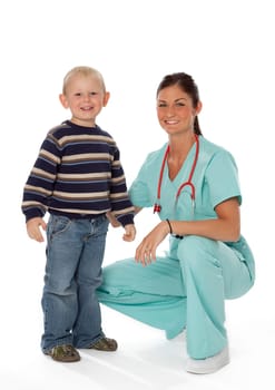 Pretty young nurse with young boy on white background