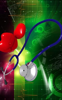 Digital illustration of stethoscope and heart in colour background