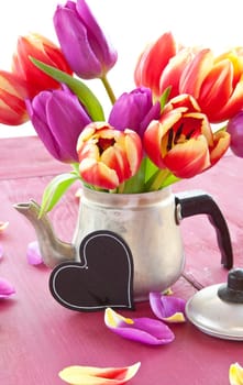 Fresh colorful tulips in small vintage jug