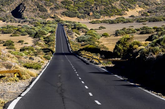 Desert Lonely Road Landscape in Volcan Teide National Park, Tenerife, Canary Island, Spain