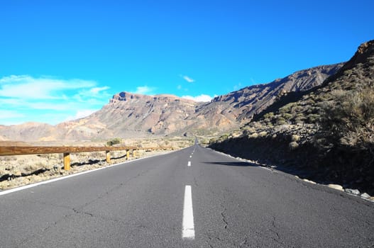 Desert Lonely Road Landscape in Volcan Teide National Park, Tenerife, Canary Island, Spain