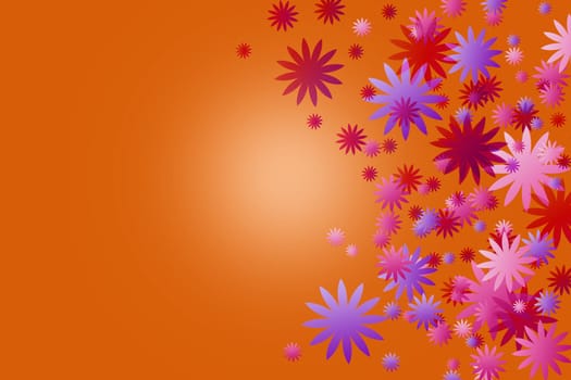 The color flowers on orange background. Blooms are placed on the right side of the image.