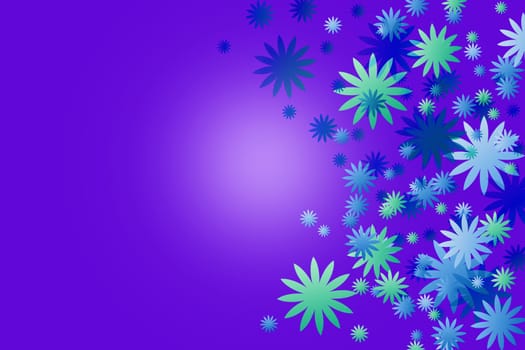 The color flowers on blue background. Blooms are placed on the right side of the image.