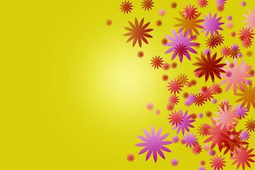 The color flowers on yellow background. Blooms are placed on the right side of the image.