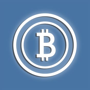 Glowing Bitcoin symbol on a blue background. Flat design element.