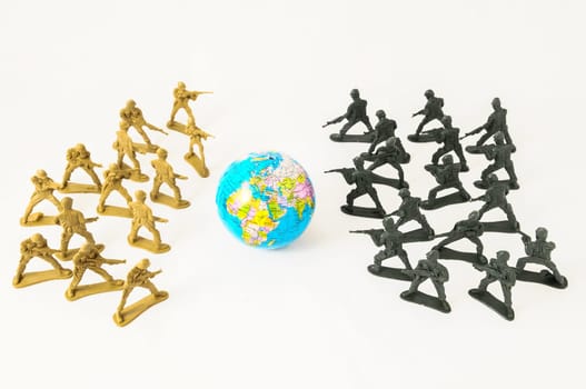 Plastic Lead Soldiers Representing War on a White Background
