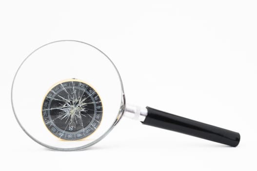 Orientation Concept - Analogic Compass and Loupe on a White Background