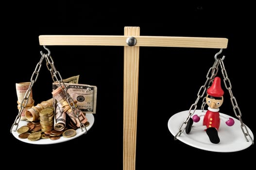 Liar Concept Pinocchio and Money on a Two Pan Balance