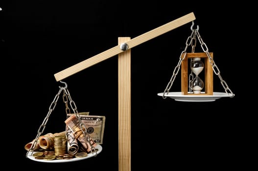 Time is Money Concept Clock and Currency on a Two Pan Balance