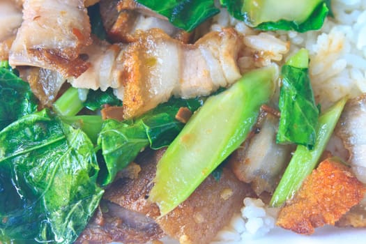 Stir fried kale with crispy pork, Chinese  food