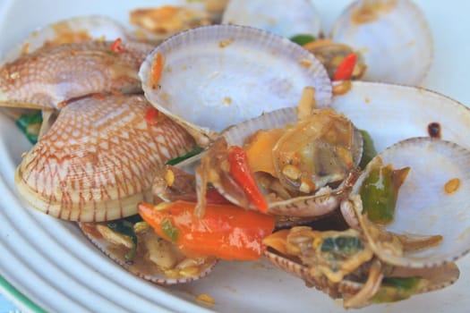 stir fried clams with roasted chili paste and thai sweet basil, thai cuisine