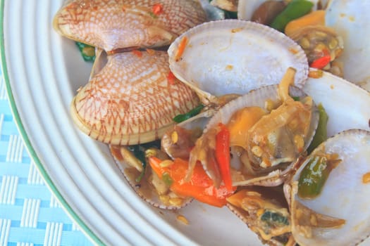 stir fried clams with roasted chili paste and thai sweet basil, thai cuisine