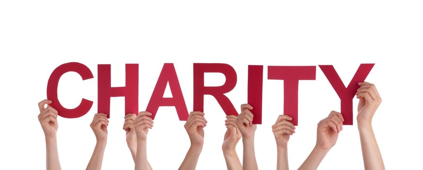 Many People Holding Charity in Red, Isolated