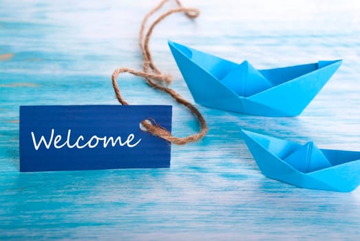 Welcome Tag with Boats, blue Nautical Background