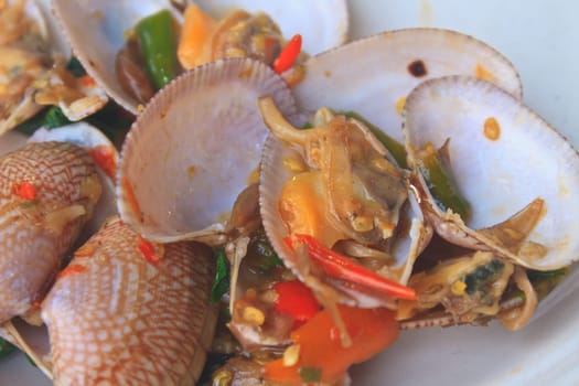 stir fried clams with roasted chili paste and thai sweet basil, thai cuisine