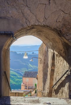 View of arch in Leonforte, baroque town in Sicily