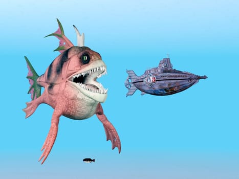 Computer-generated 3D illustration with a sea monster and a submarine