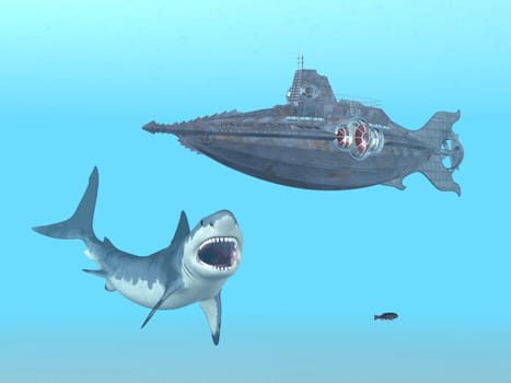 Computer-generated 3D illustration with a great white shark and a submarine